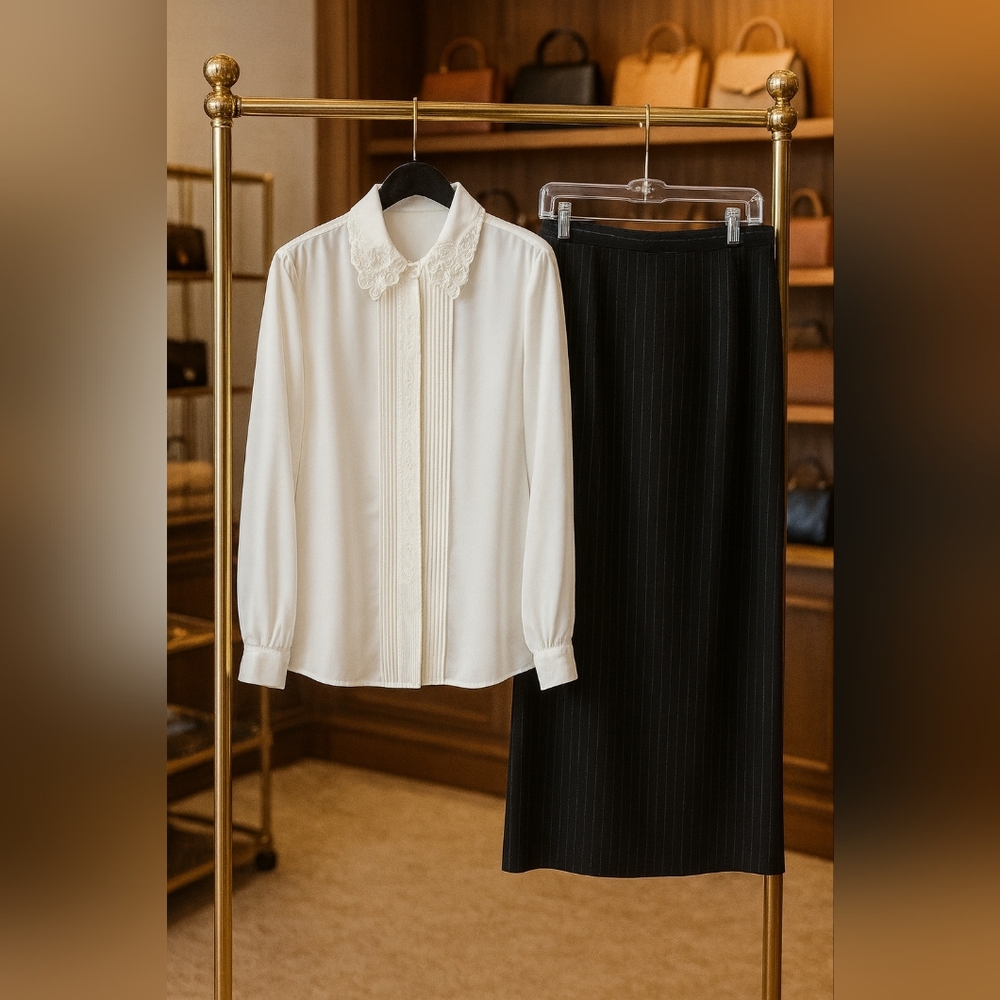 Karen Scott Top: L & Hill Country Clothiers Navy Blue Pencil Skirt: 14, 2 pc Set